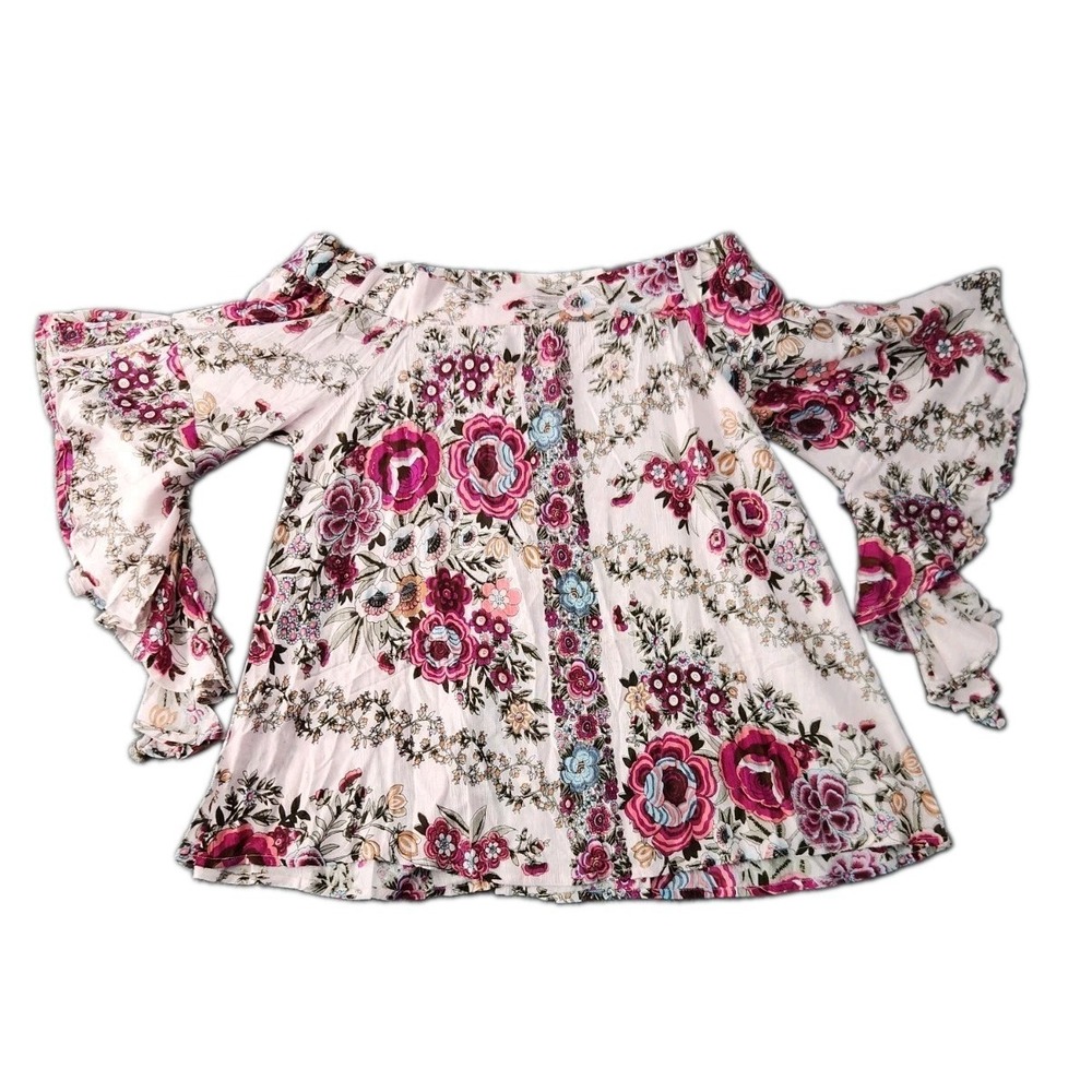 Y2k Magazine Off the Shoulder Floral Crop Fairy Whimsy Blouse Sz S Bell Sleeve